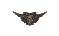 Small brass aircrew pin with outstreched eagle wings, an anchor in a center disk and a banner w…