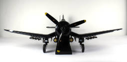 Front view of F4U Corsair model airplane, inverted gull wings visible
