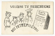 Printed booklet titled "Welcome to Messcooking" with a drawing of four sailors and a sign that …