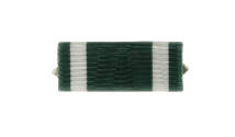 Ribbon bar with dark green fabric and white stripes on either end, back pin clasps slightly vis…