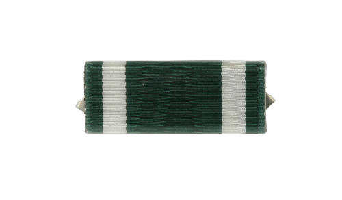 Ribbon bar with dark green fabric and white stripes on either end, back pin clasps slightly vis…