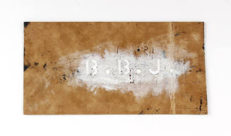 Brown stencil with white paint over letters "B. B. J."
