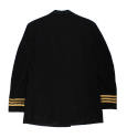 Back of dark blue U.S. Navy officer jacket with three gold stripes on sleeve cuffs