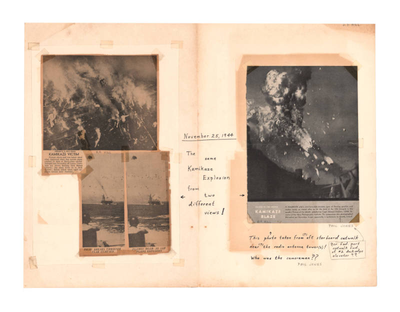 Scrapbook page with three newspaper clippings depicting the November 25, 1944 kamikaze attack o…