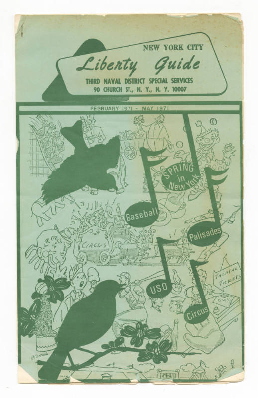 Green paper booklet titled "New York City Liberty Guide" with drawings of birds, musical notes,…