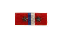 Ribbon bar with red background and blue and white stripes in the center, and bronze stars on ei…