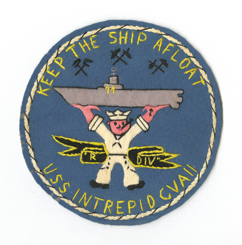 Circular blue fabric patch with "Keep the Ship Afloat" and an image of a sailor holding up the …