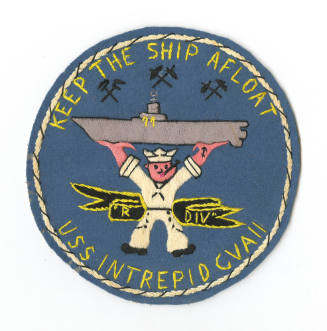Circular blue fabric patch with "Keep the Ship Afloat" and an image of a sailor holding up the …