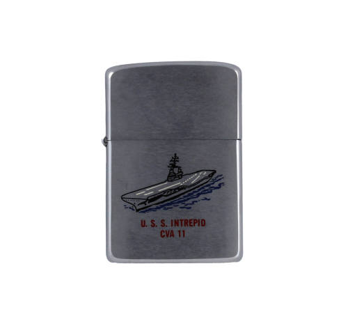 Silver Zippo lighter with a colored enamel image of aircraft carrier USS Intrepid on base